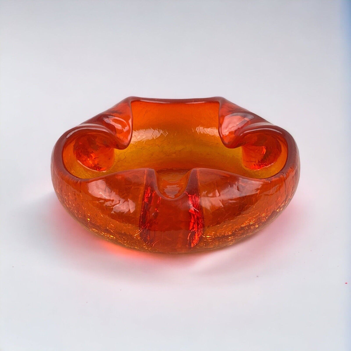 Vintage VIKING GLASS Orange Amberina Crackle Cigar Bowl Ashtray MCM