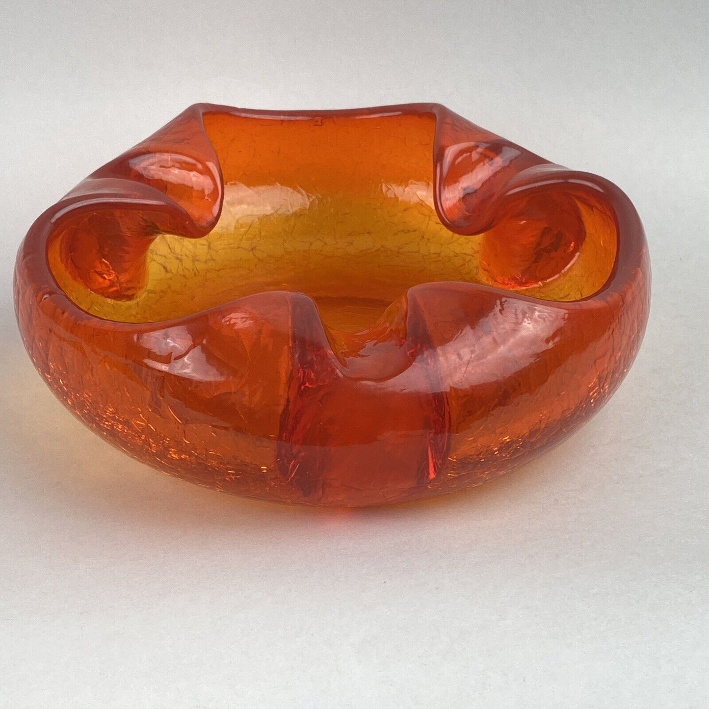 Vintage VIKING GLASS Orange Amberina Crackle Cigar Bowl Ashtray MCM