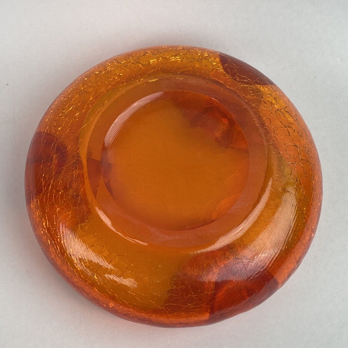 Vintage VIKING GLASS Orange Amberina Crackle Cigar Bowl Ashtray MCM