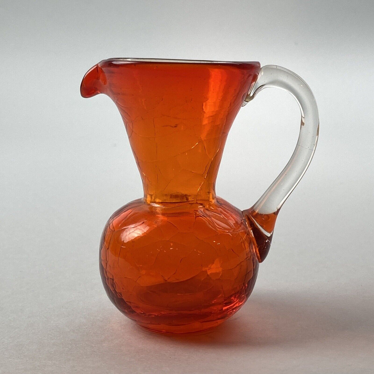 Vintage Orange Mini Crackle Art Glass Pitcher 4" Tall with Pontil Hand-Blown