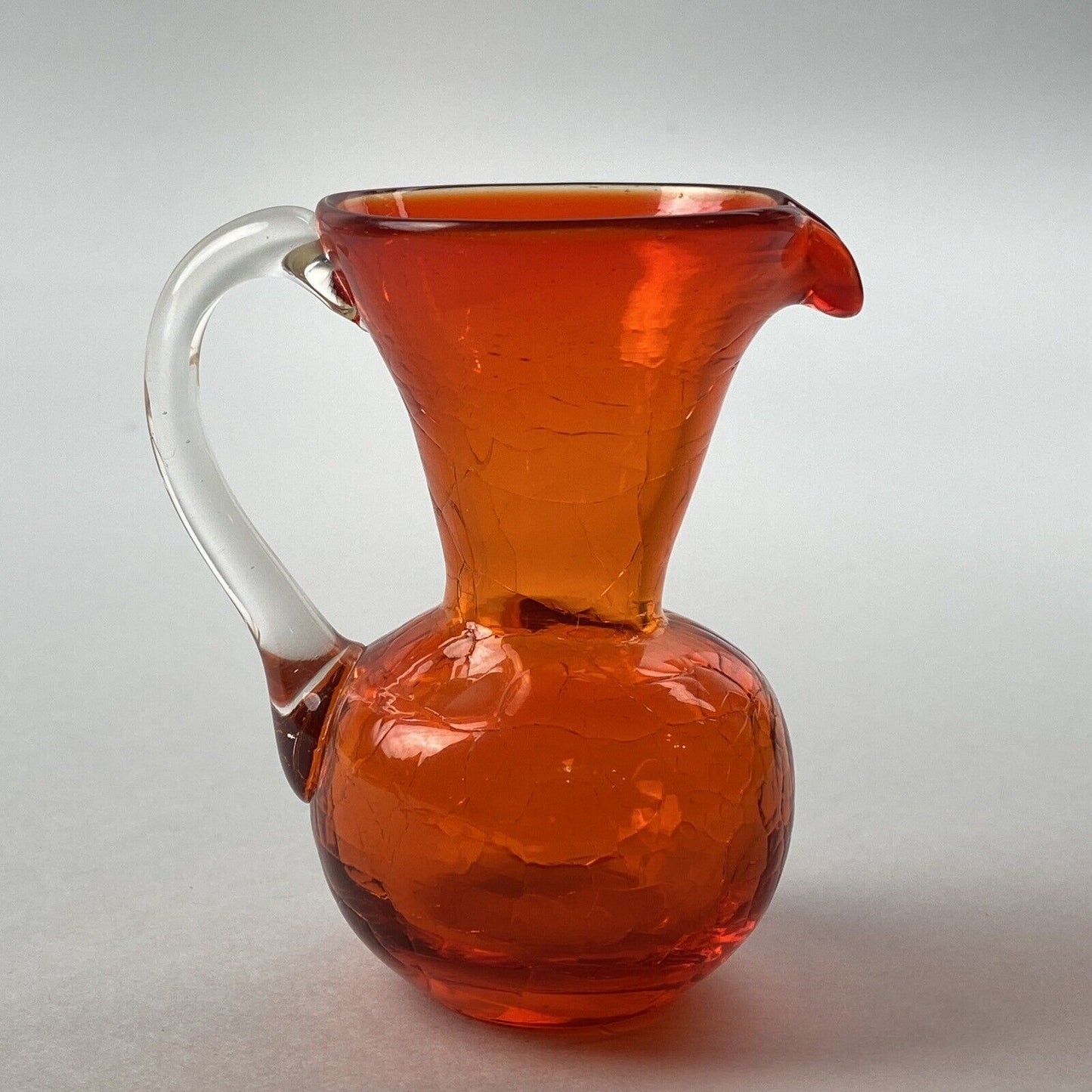 Vintage Orange Mini Crackle Art Glass Pitcher 4" Tall with Pontil Hand-Blown