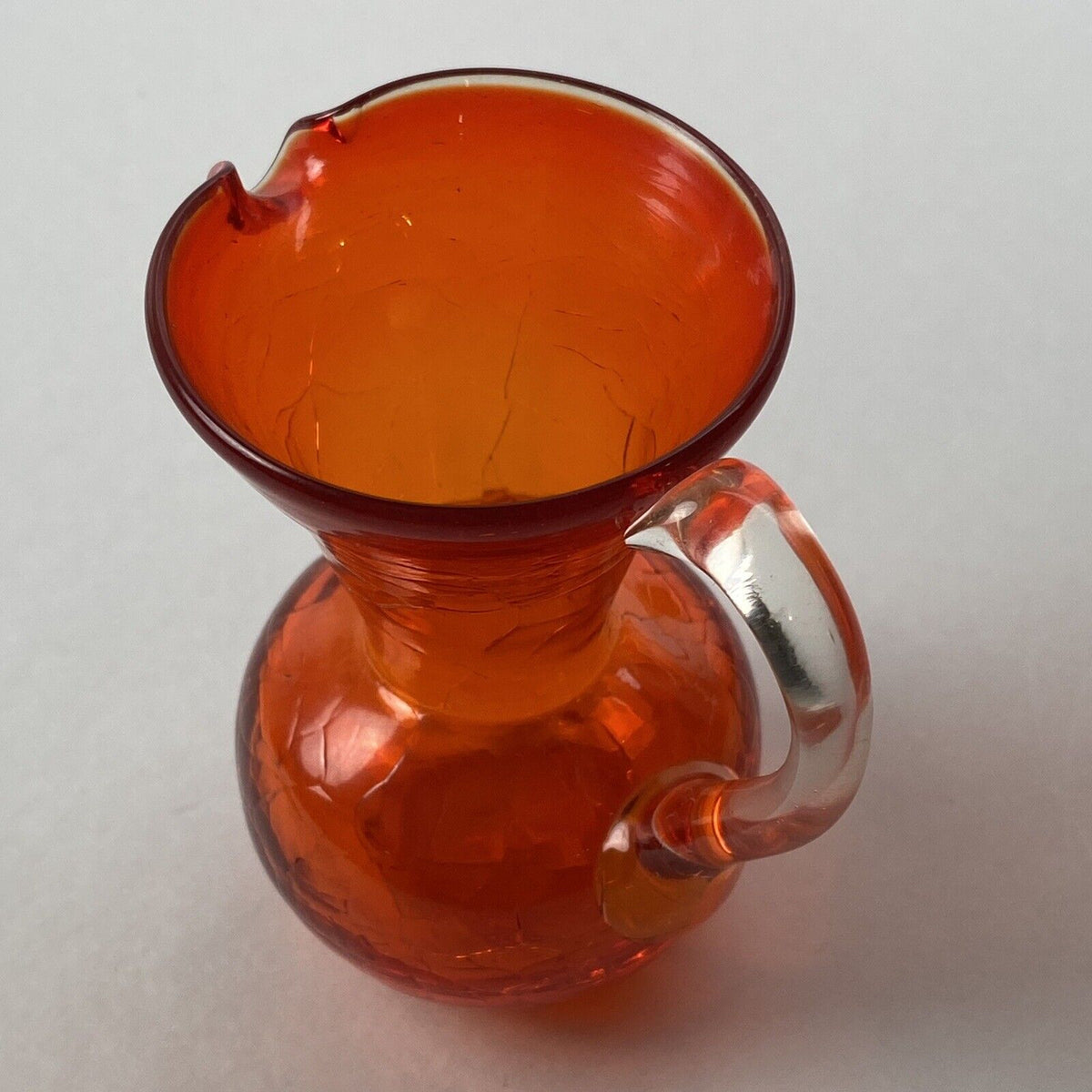 Vintage Orange Mini Crackle Art Glass Pitcher 4" Tall with Pontil Hand-Blown