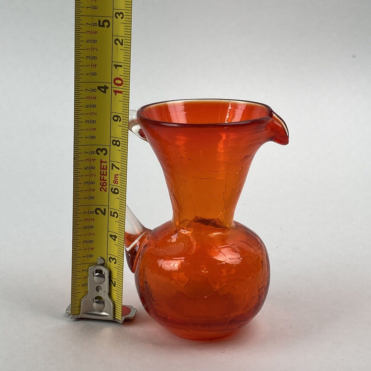 Vintage Orange Mini Crackle Art Glass Pitcher 4" Tall with Pontil Hand-Blown