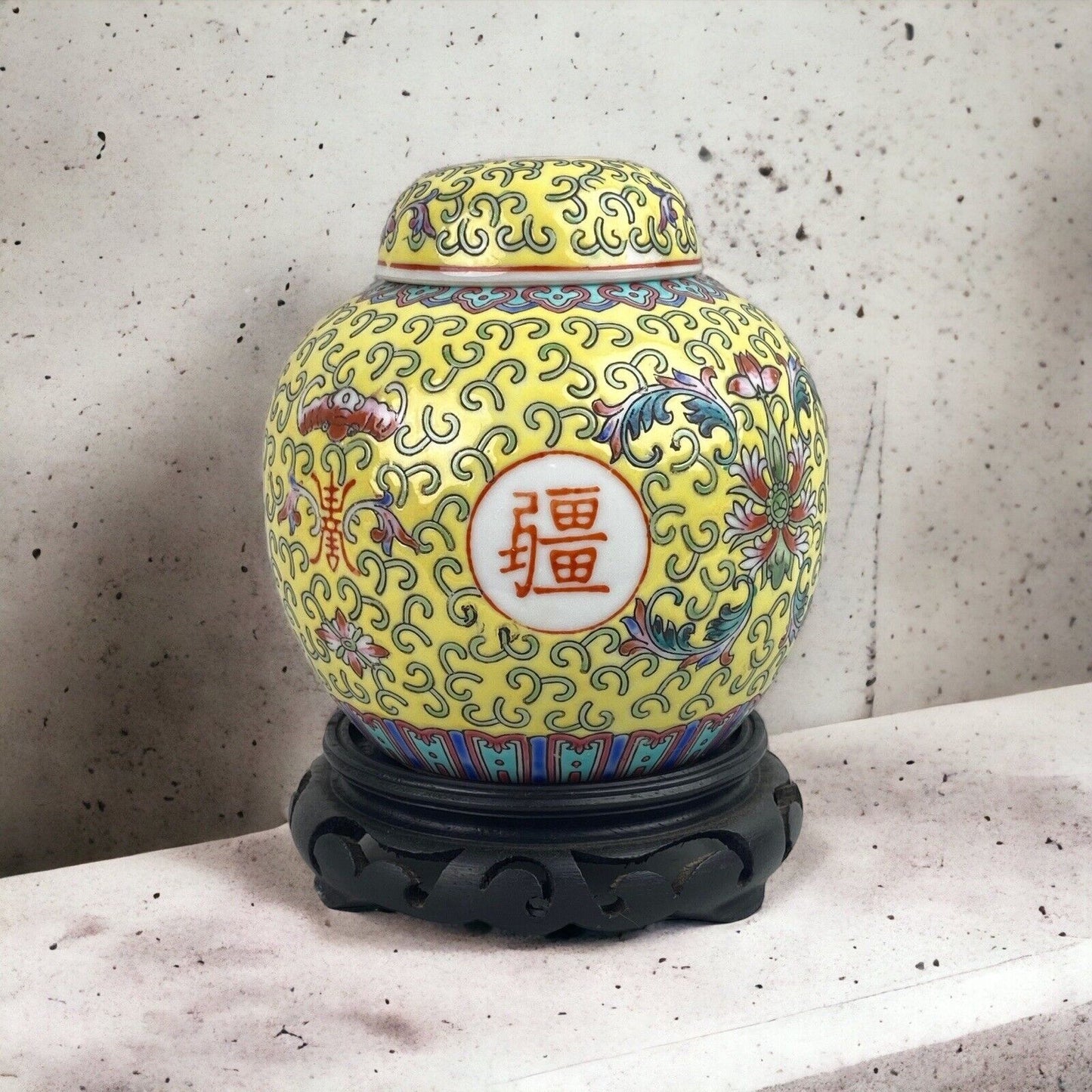 Vintage Chinese Ceramic , Ginger Jar,  on wooden pedestal , 5.5”x 4”