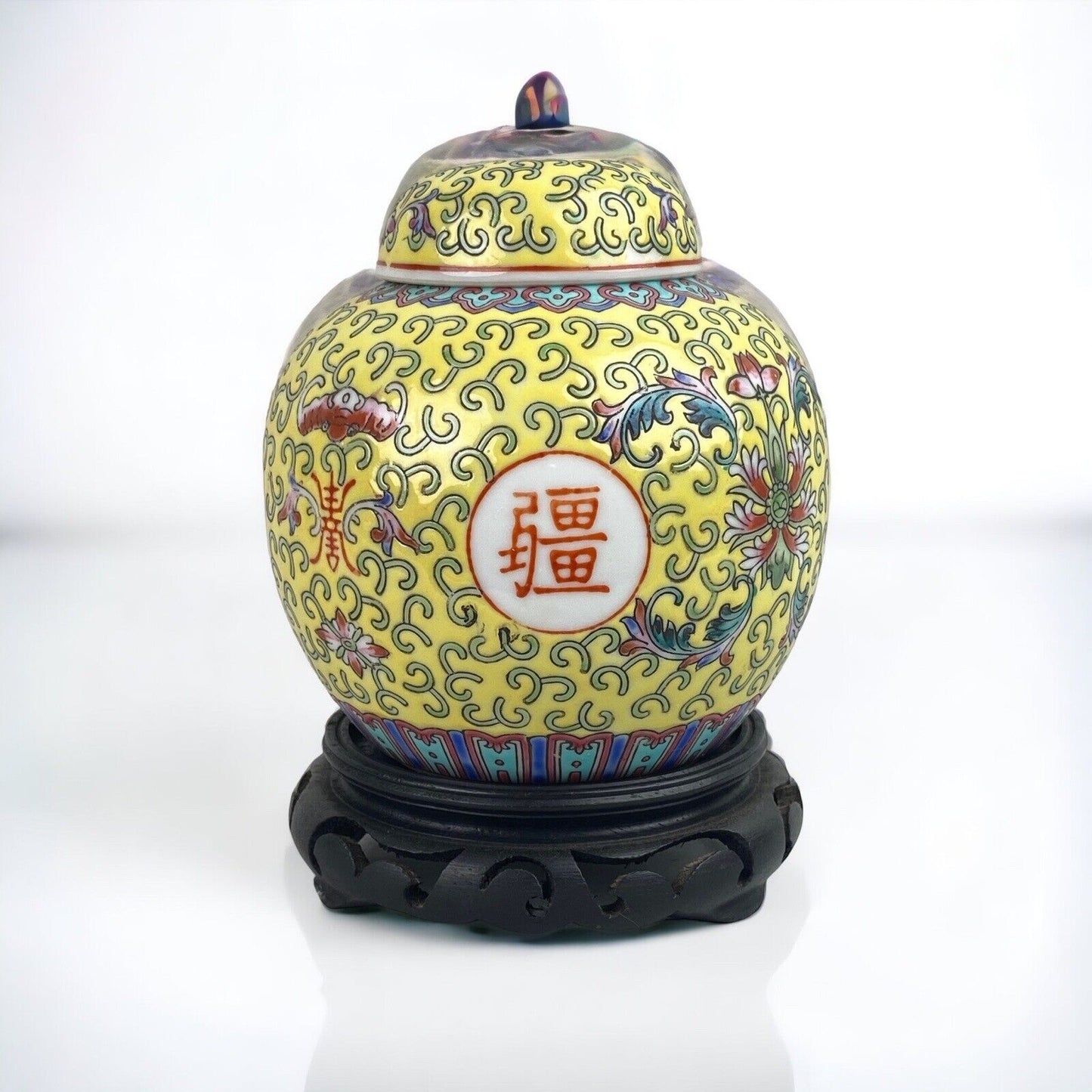 Vintage Chinese Ceramic , Ginger Jar,  on wooden pedestal , 5.5”x 4”