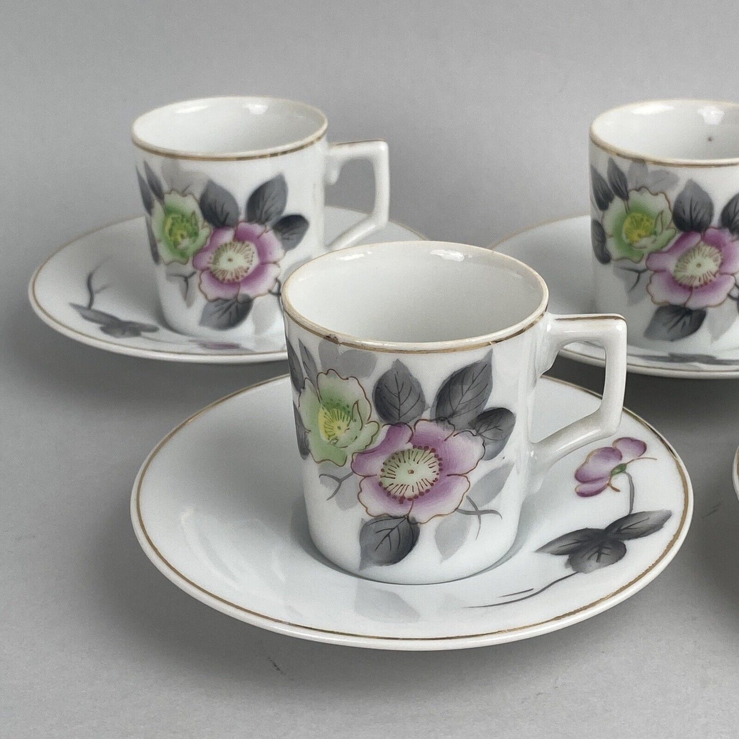 Vtg. Set of Small 4 Teacups & Saucers, GEC, Occupied Japan, Floral Hand Painted