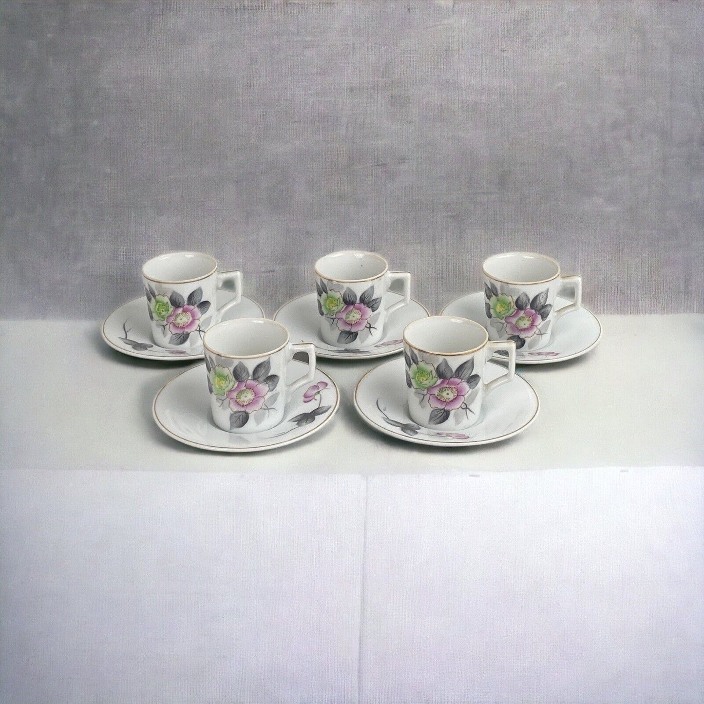 Vtg. Set of Small 4 Teacups & Saucers, GEC, Occupied Japan, Floral Hand Painted