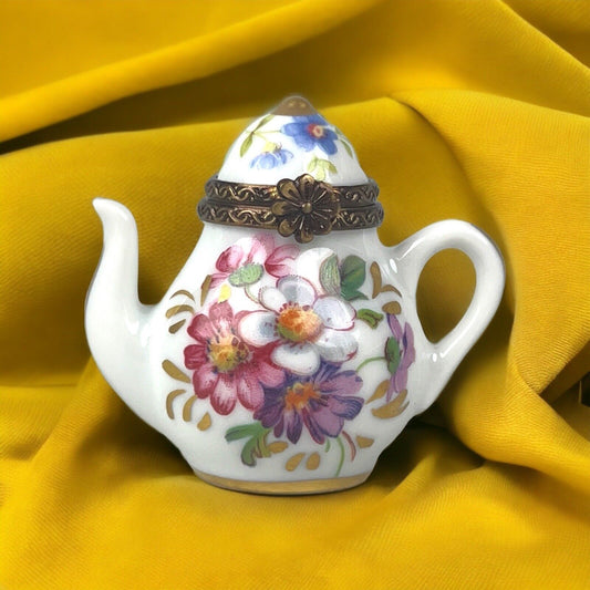 Rehousse Main Limoges France Porcelain Mini Teapot Trinket Box 1.75" Tall Floral