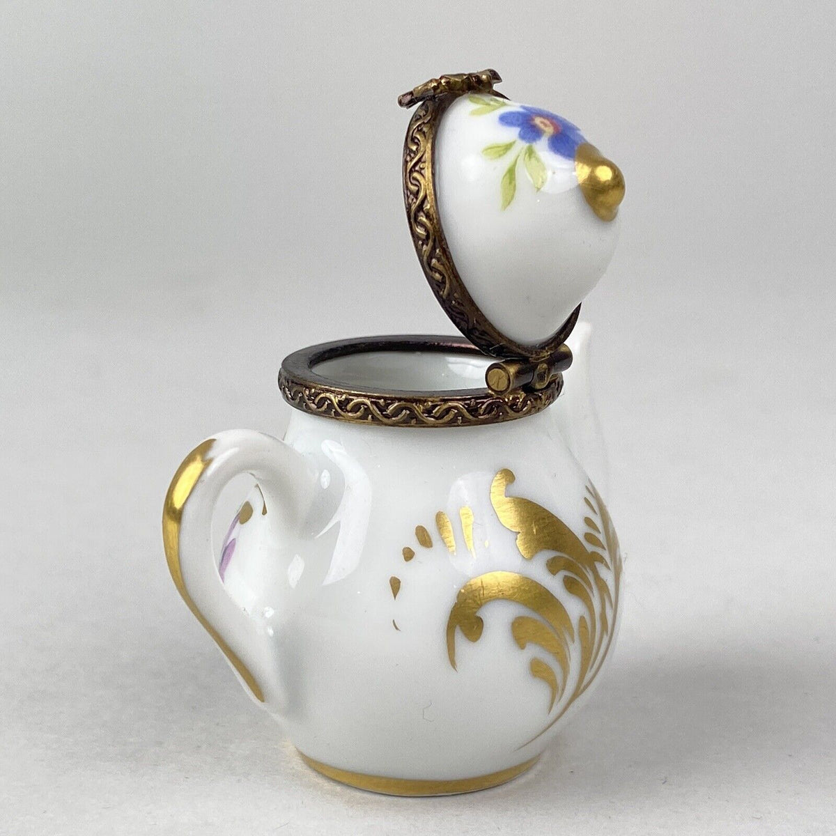 Rehousse Main Limoges France Porcelain Mini Teapot Trinket Box 1.75" Tall Floral