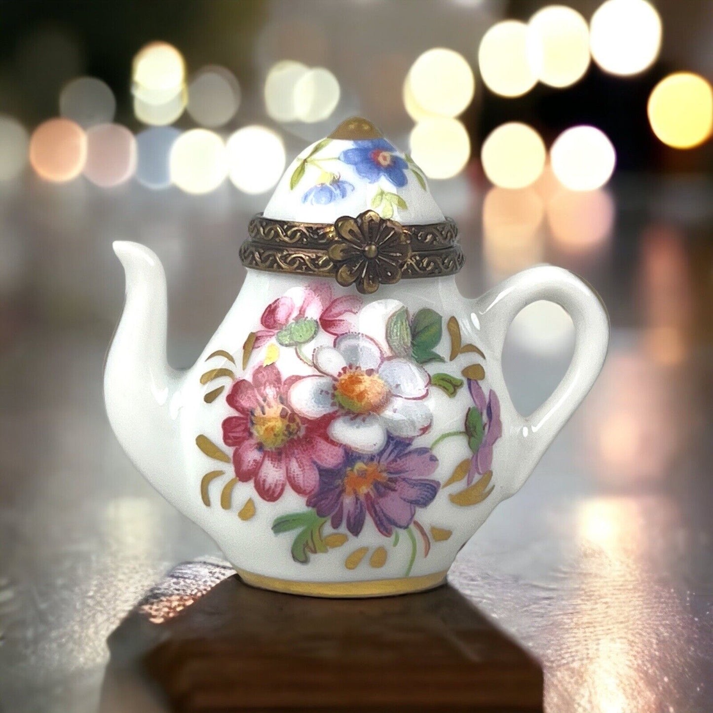 Rehousse Main Limoges France Porcelain Mini Teapot Trinket Box 1.75" Tall Floral