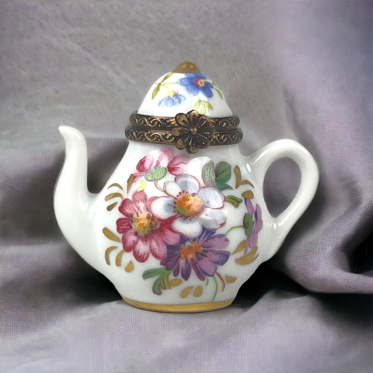 Rehousse Main Limoges France Porcelain Mini Teapot Trinket Box 1.75" Tall Floral