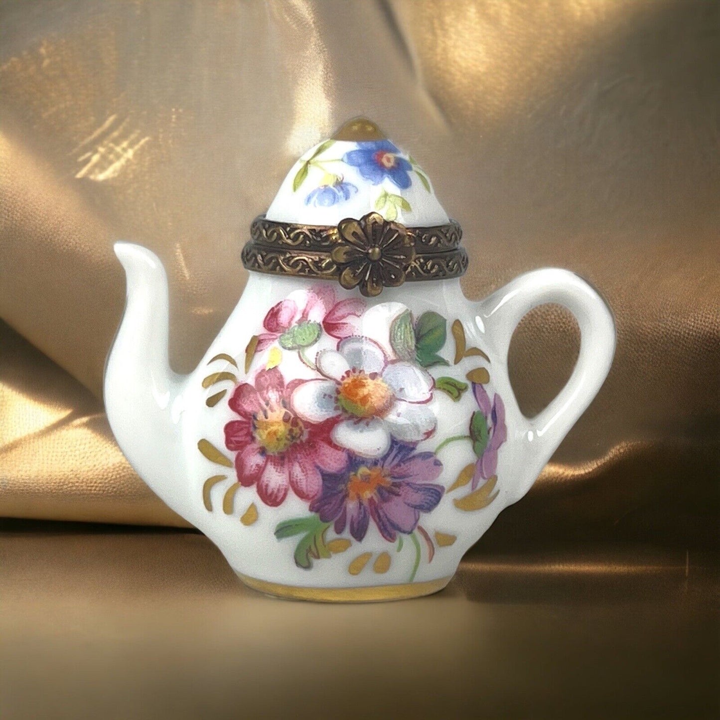 Rehousse Main Limoges France Porcelain Mini Teapot Trinket Box 1.75" Tall Floral