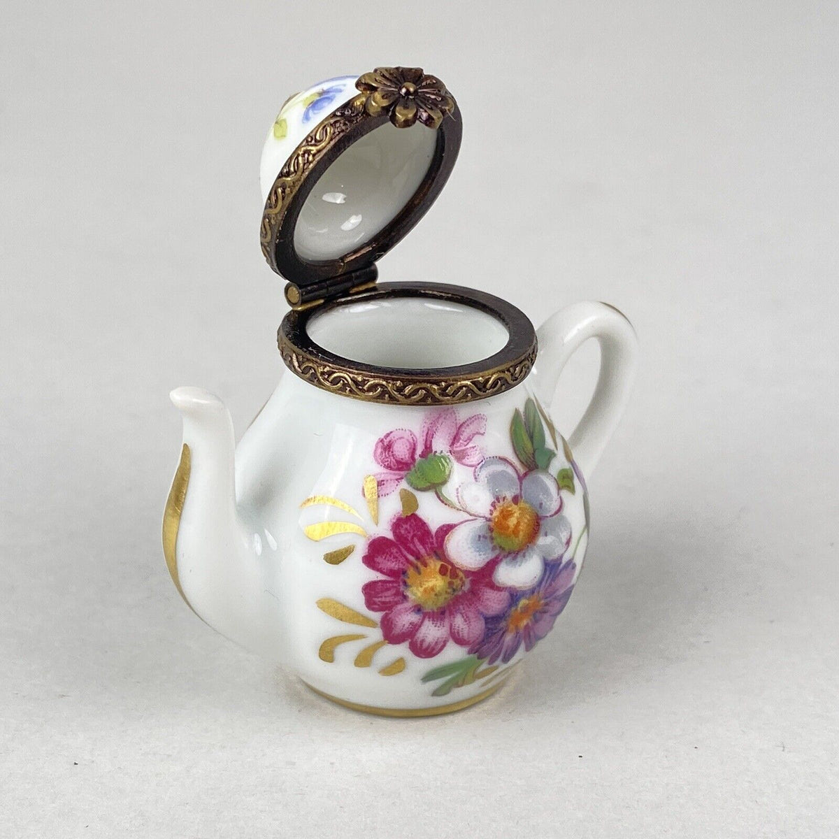 Rehousse Main Limoges France Porcelain Mini Teapot Trinket Box 1.75" Tall Floral