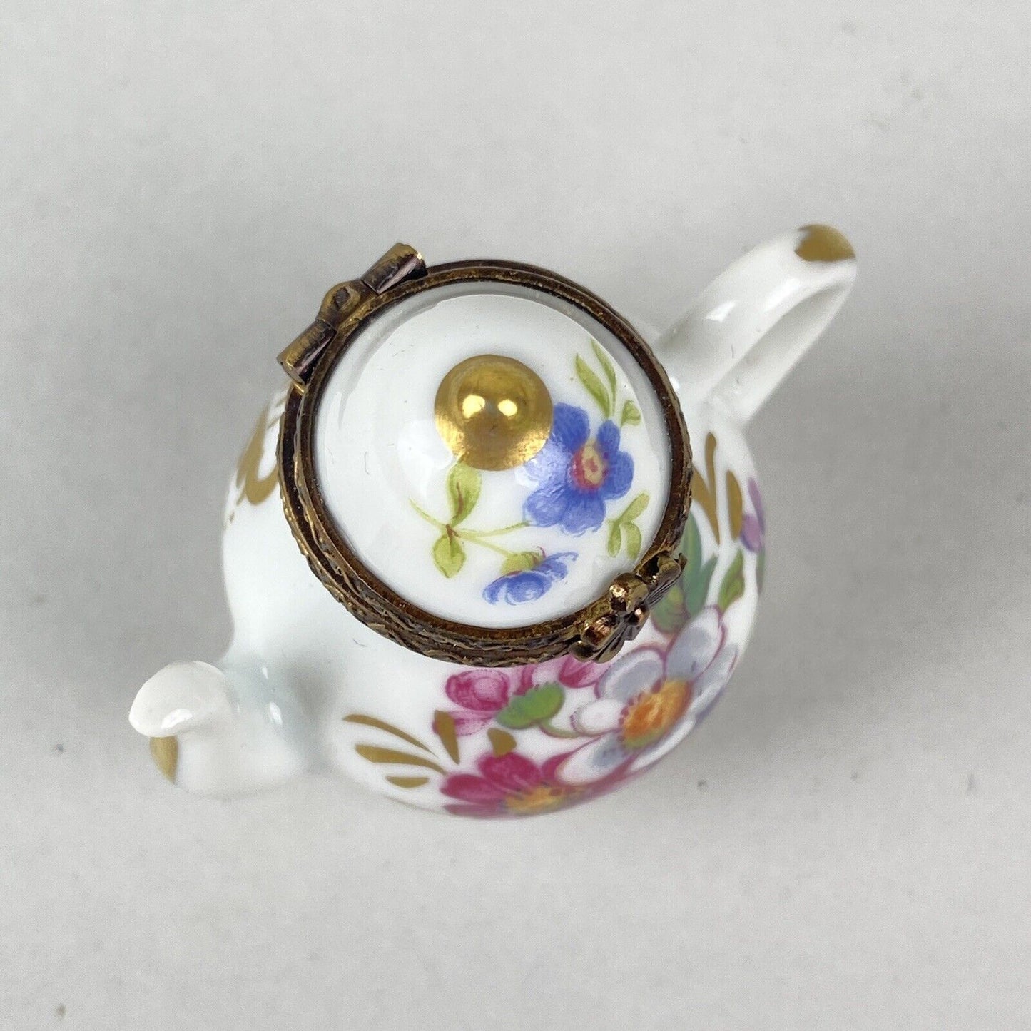 Rehousse Main Limoges France Porcelain Mini Teapot Trinket Box 1.75" Tall Floral