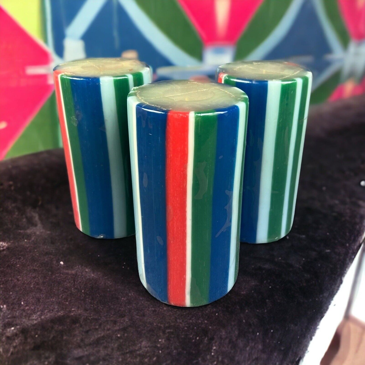 Lot of 3 Vintage Pillar Candles Red Green Blue Funky Candles 6"