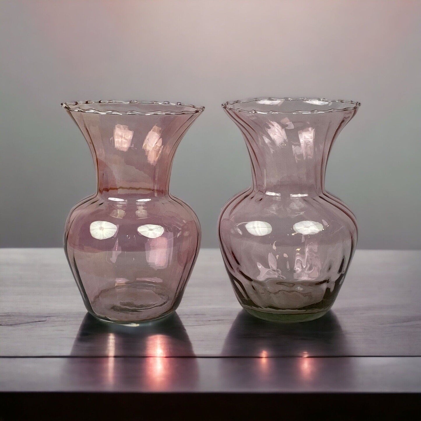 Vintage Pair of Pink Glass Vases 6.5" opening of 4.5"