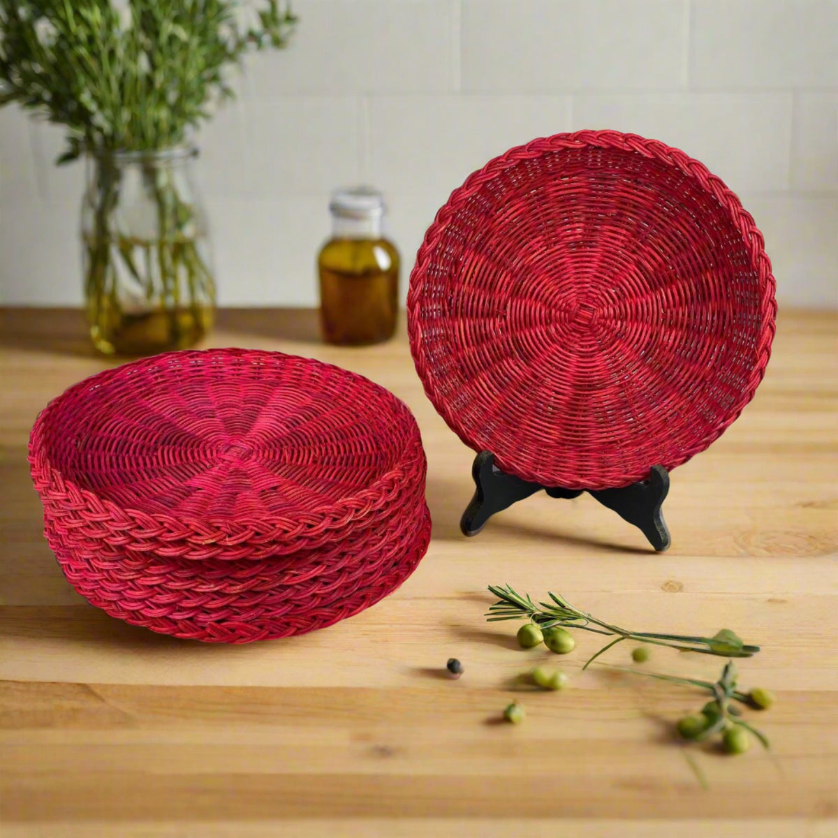 Set of 8 Hot Pink Rattan Plates, Made in Hongkong