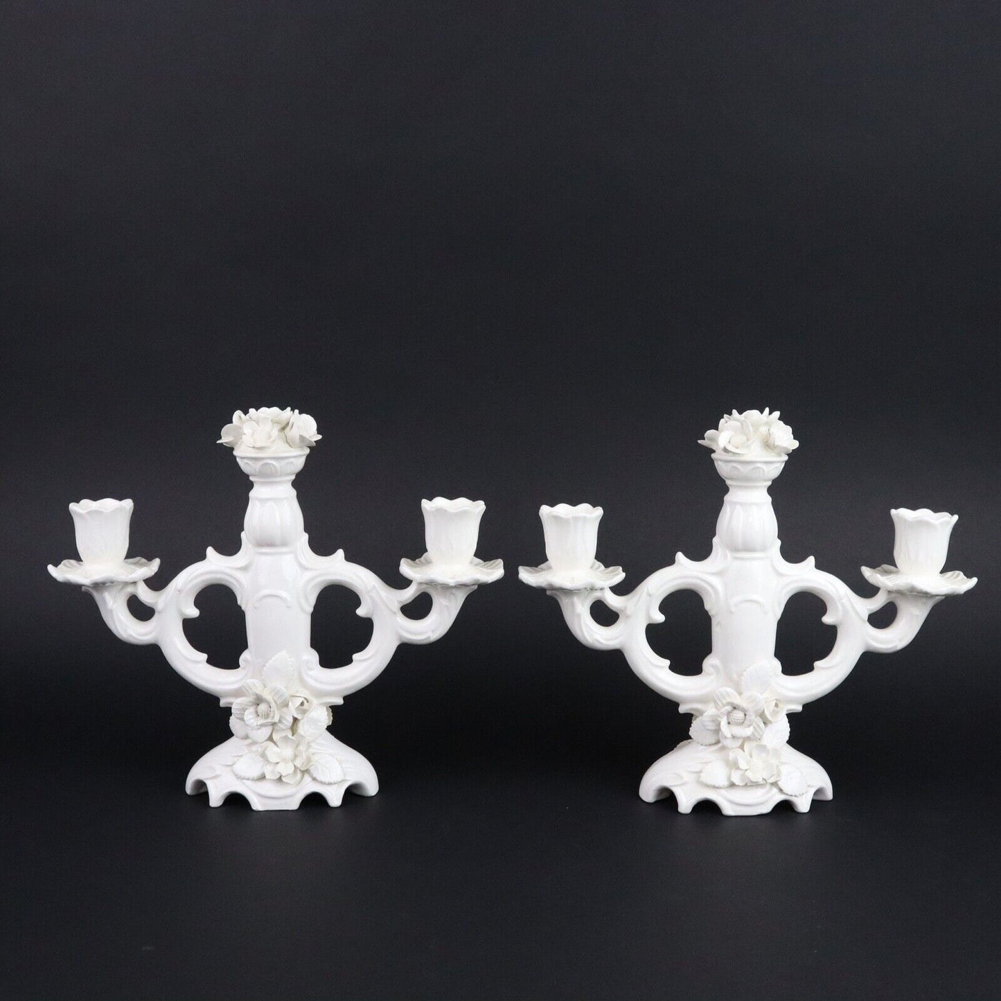 Pair of Ardalt Artwork Candle Holder Solid White Flowers Japan