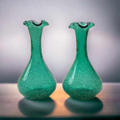 Vintage Pair of Green Hand-Blown Crackle Glass Vases, 8" w/Pontil