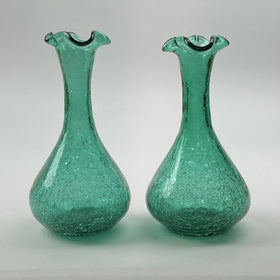Vintage Pair of Green Hand-Blown Crackle Glass Vases, 8" w/Pontil