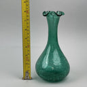 Vintage Pair of Green Hand-Blown Crackle Glass Vases, 8" w/Pontil