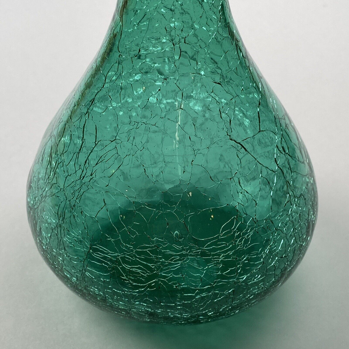 Vintage Pair of Green Hand-Blown Crackle Glass Vases, 8" w/Pontil