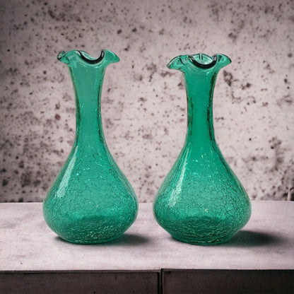 Vintage Pair of Green Hand-Blown Crackle Glass Vases, 8" w/Pontil