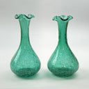 Vintage Pair of Green Hand-Blown Crackle Glass Vases, 8" w/Pontil