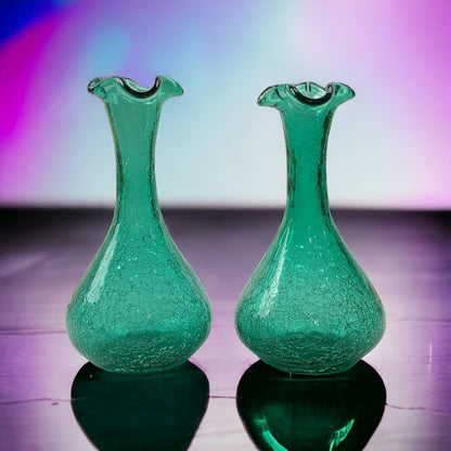 Vintage Pair of Green Hand-Blown Crackle Glass Vases, 8" w/Pontil