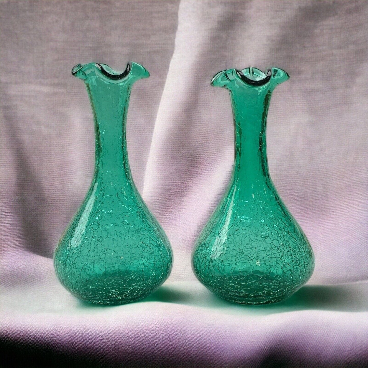 Vintage Pair of Green Hand-Blown Crackle Glass Vases, 8" w/Pontil