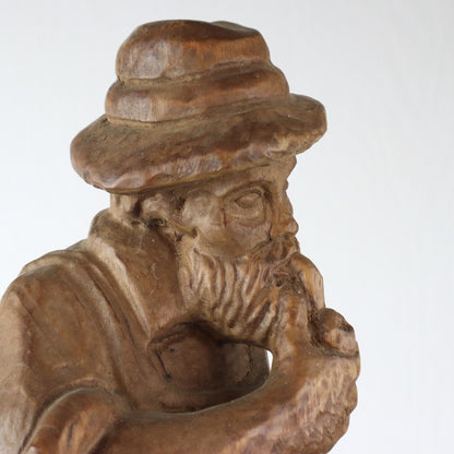 17" Vintage Carved Wood Old Man With Ax And Pipe- Made In Germany