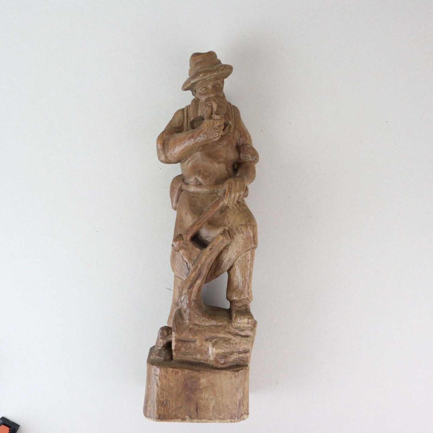 17" Vintage Carved Wood Old Man With Ax And Pipe- Made In Germany