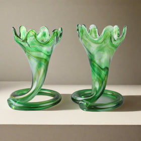 Lot of 2 Unique Vintage Green Swirl Art-glass Vase