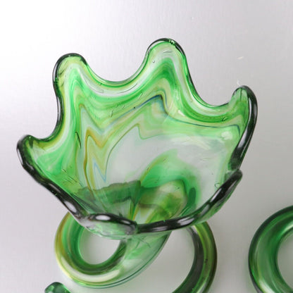 Lot of 2 Unique Vintage Green Swirl Art-glass Vase