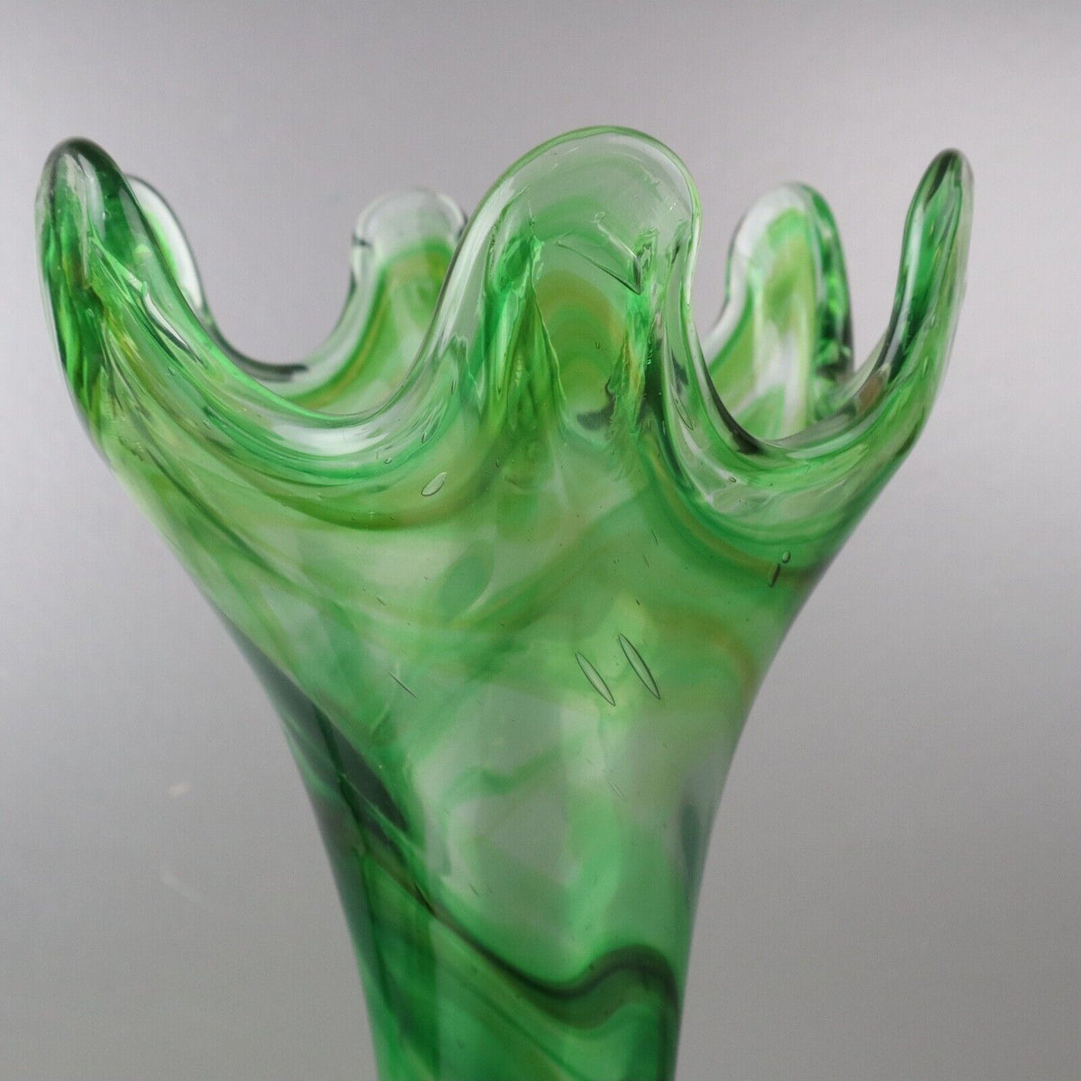 Lot of 2 Unique Vintage Green Swirl Art-glass Vase