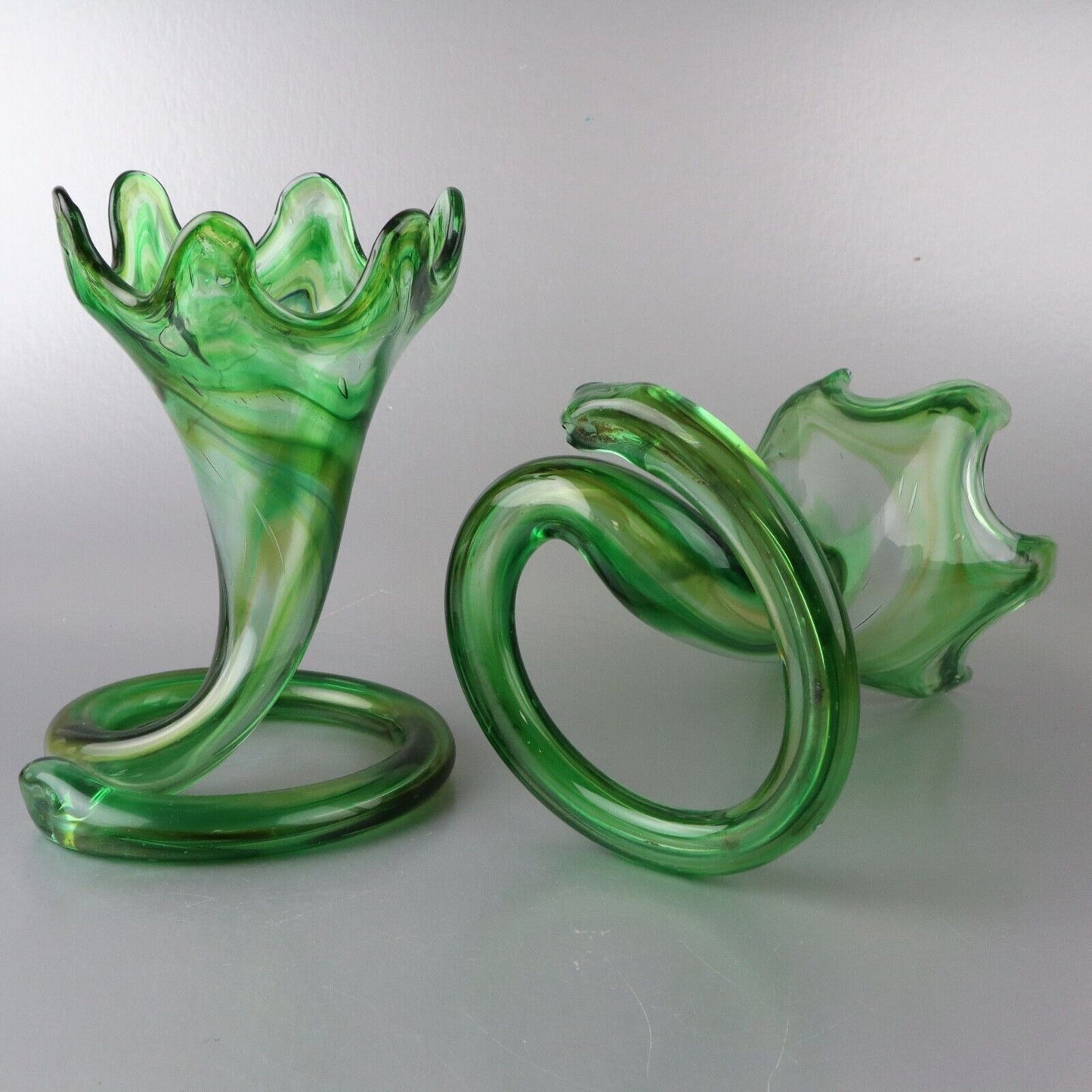 Lot of 2 Unique Vintage Green Swirl Art-glass Vase