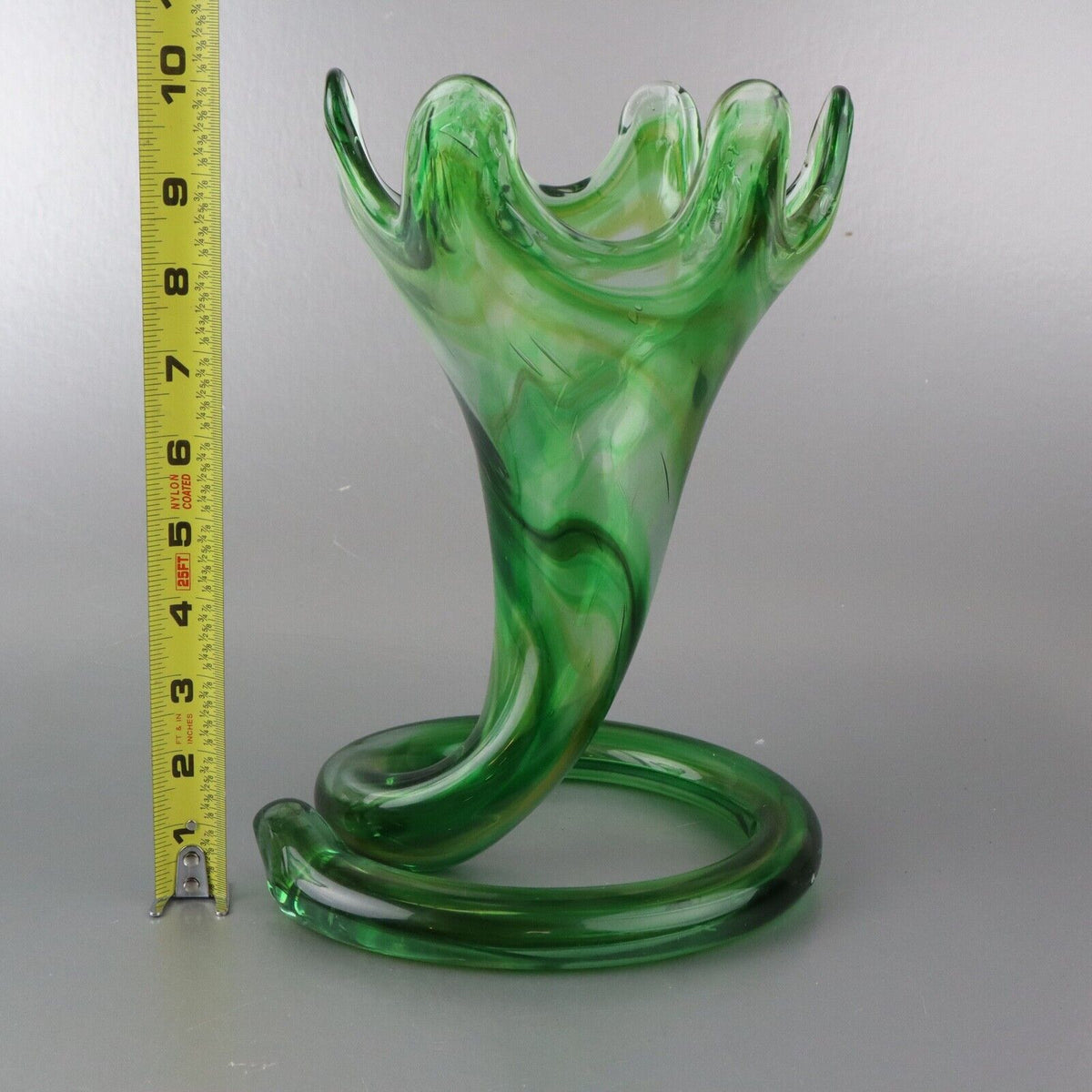 Lot of 2 Unique Vintage Green Swirl Art-glass Vase