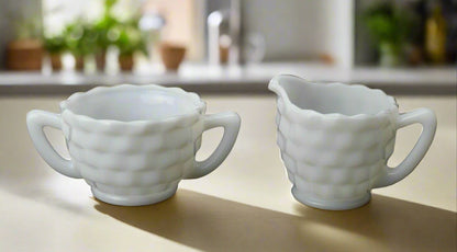 Jeannette Cube Milk Glass - Creamer and Sugar