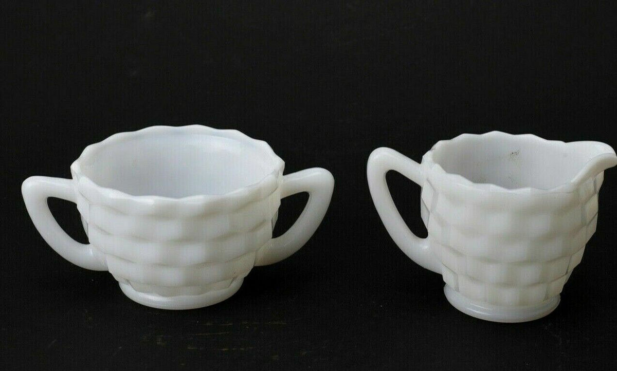 Jeannette Cube Milk Glass - Creamer and Sugar