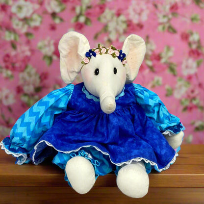 Rag Doll Elephant Handmade Wearing Blue Dress Plush Stuffed Animal (CUTE)