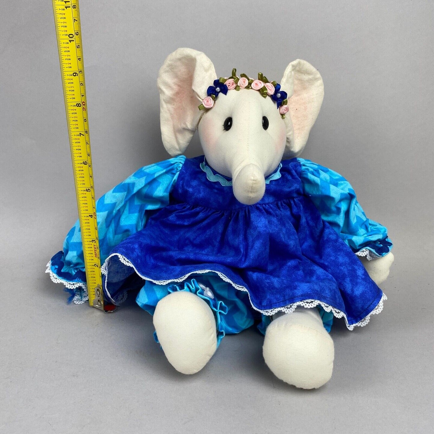 Rag Doll Elephant Handmade Wearing Blue Dress Plush Stuffed Animal (CUTE)