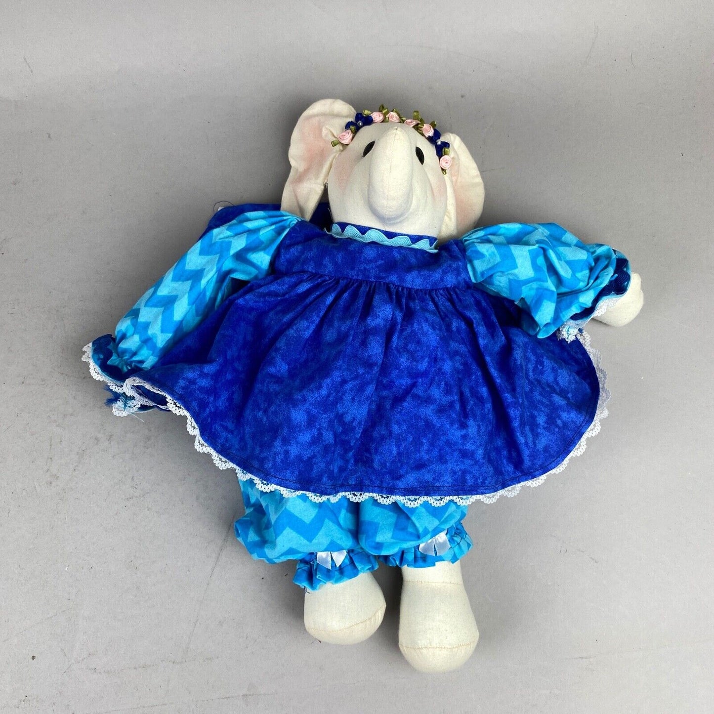 Rag Doll Elephant Handmade Wearing Blue Dress Plush Stuffed Animal (CUTE)