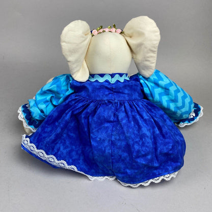 Rag Doll Elephant Handmade Wearing Blue Dress Plush Stuffed Animal (CUTE)