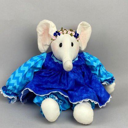 Rag Doll Elephant Handmade Wearing Blue Dress Plush Stuffed Animal (CUTE)