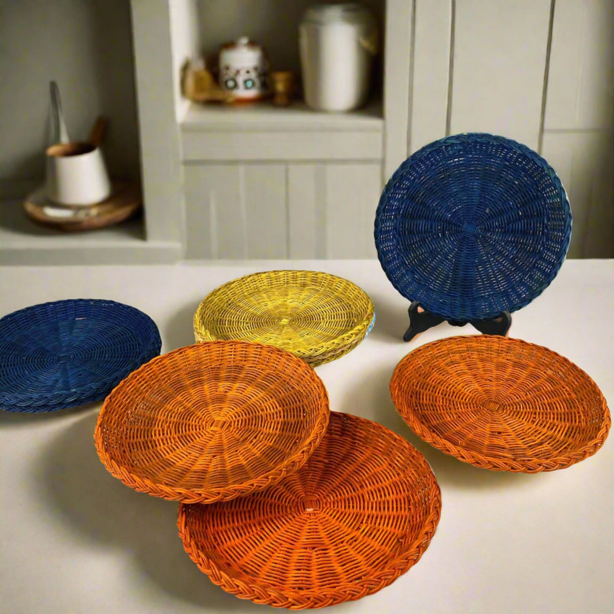 Set of 9 Multicolor Rattan Plates, Made in Hongkong