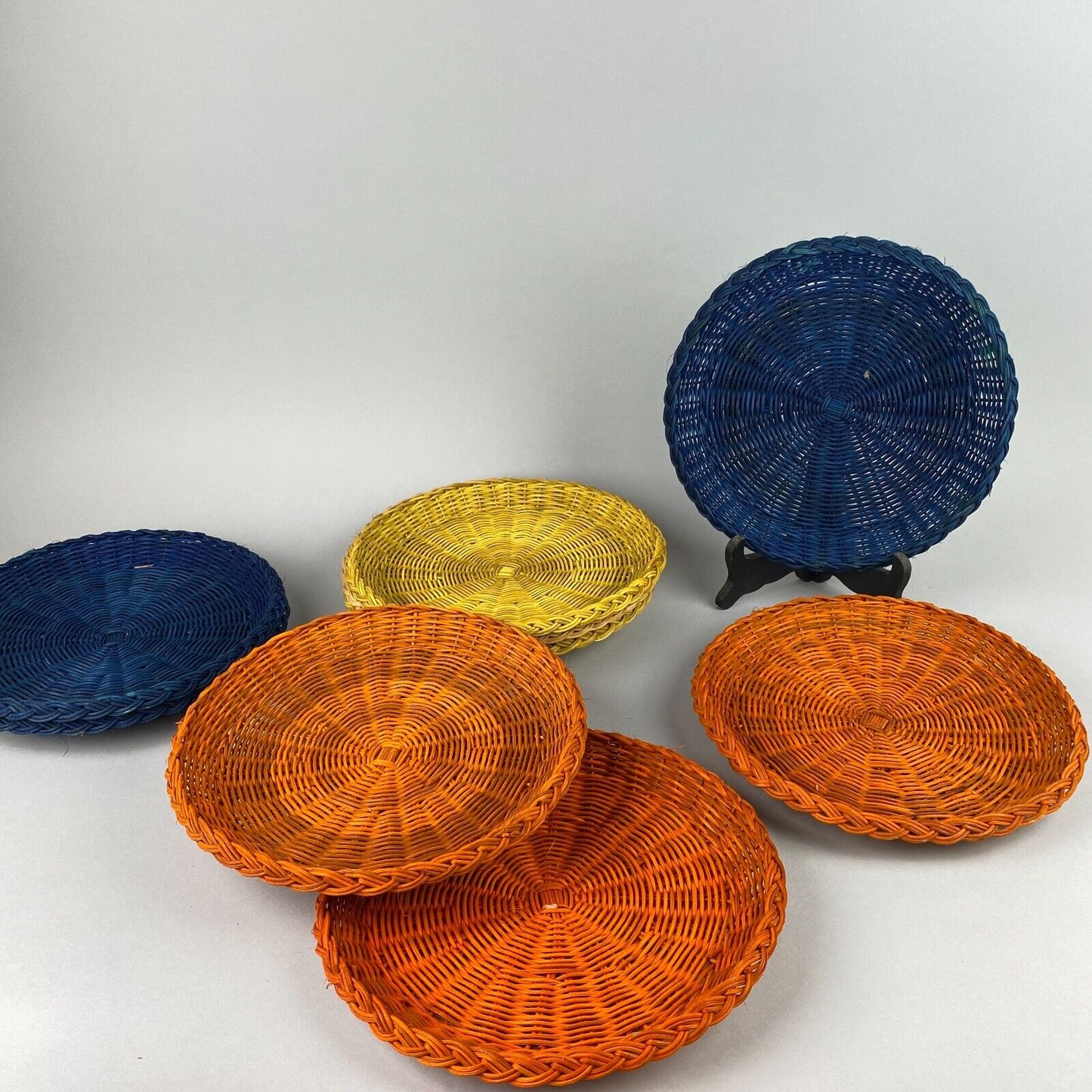 Set of 9 Multicolor Rattan Plates, Made in Hongkong