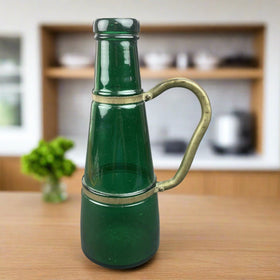 12.5" Tall Green Glass Bottle / Vase Metal Handle (Unique)