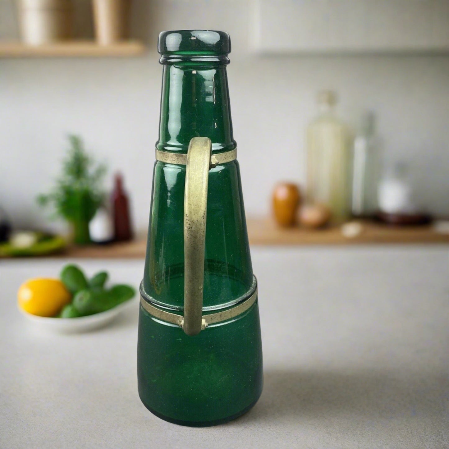 12.5" Tall Green Glass Bottle / Vase Metal Handle (Unique)