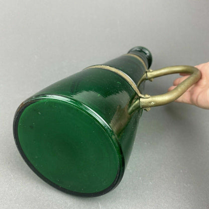 12.5" Tall Green Glass Bottle / Vase Metal Handle (Unique)