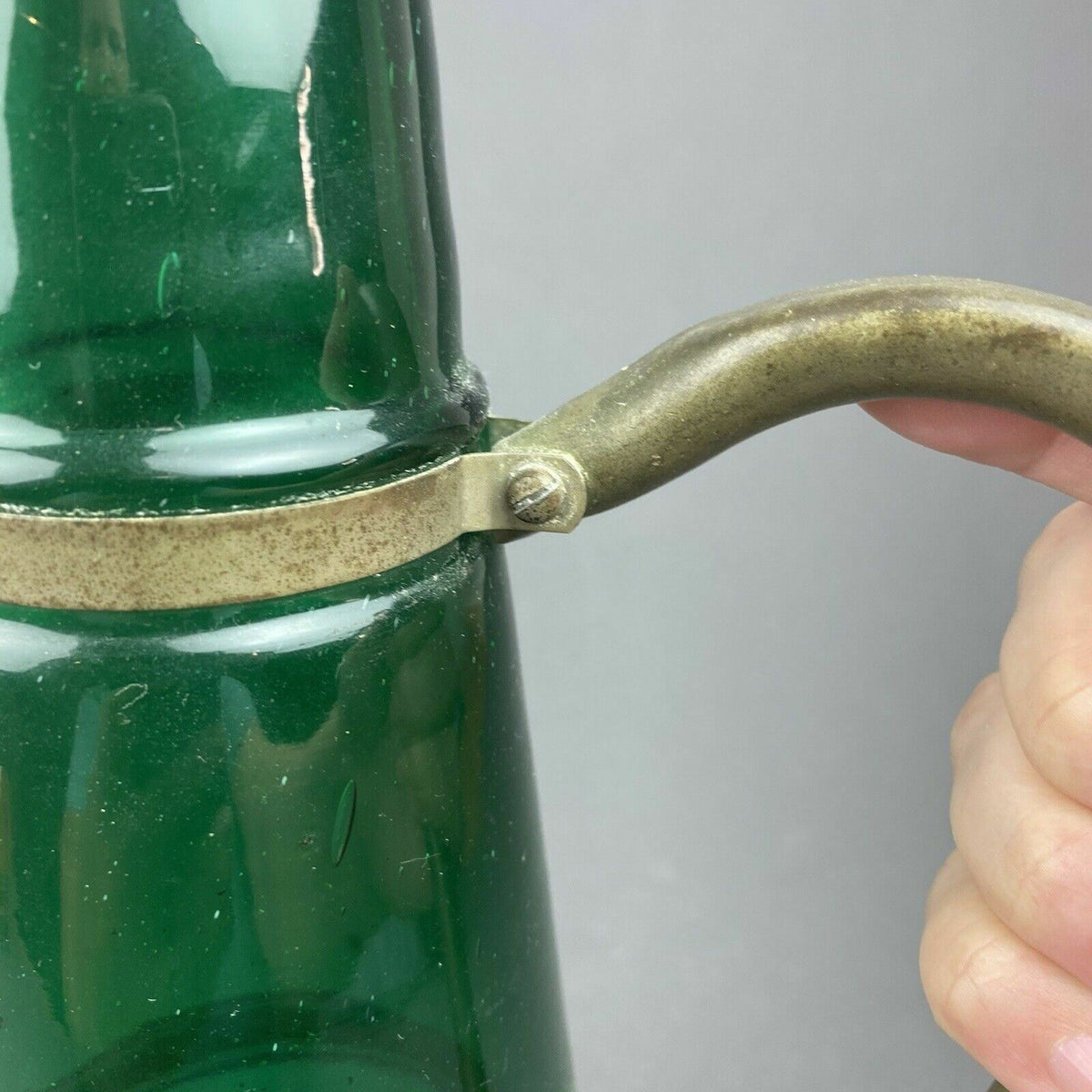 12.5" Tall Green Glass Bottle / Vase Metal Handle (Unique)